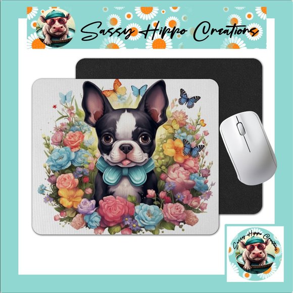 Mouse Pad Boston Terrier Puppy Dog Butterflies Flowers Sublimated Anti Slip Back - Picture 1 of 4